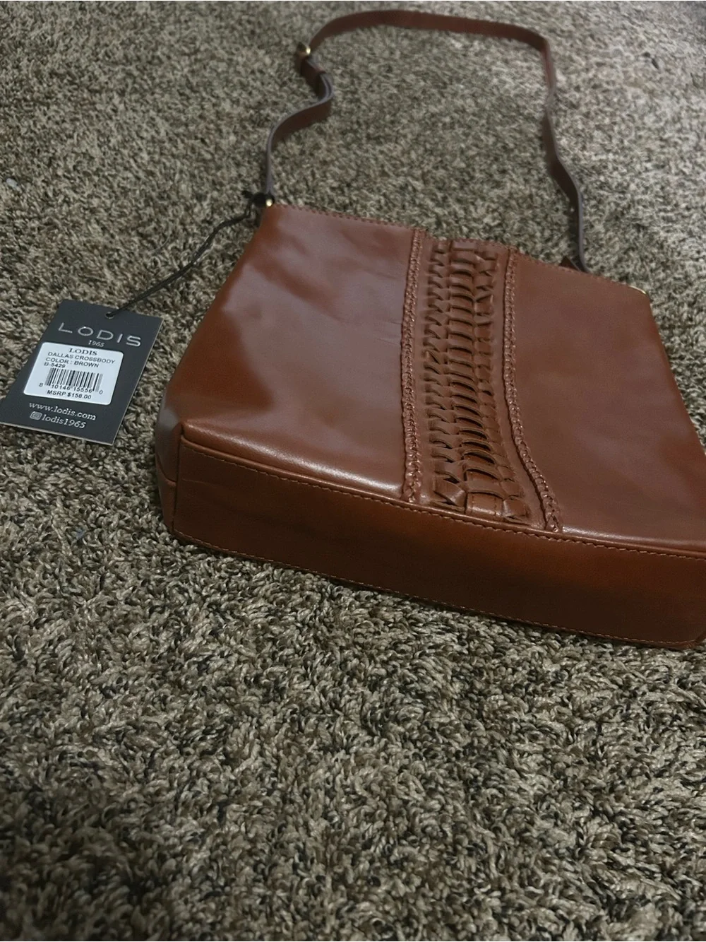 Lodis Cognac Brown Leather Woven-Trim Crossbody Bag